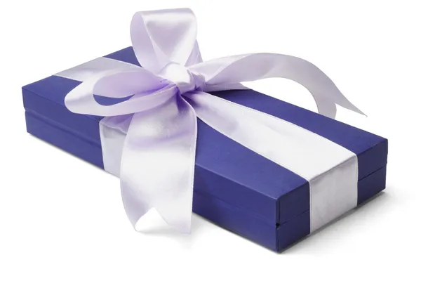 Blue gift box with big bow ribbon — Stock Photo, Image