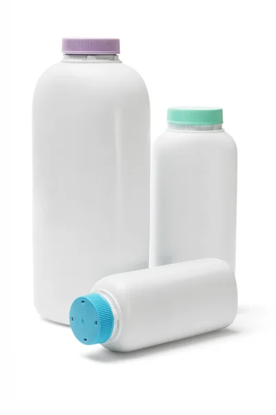 Plastic bottles of talcum powder — Stock Photo, Image