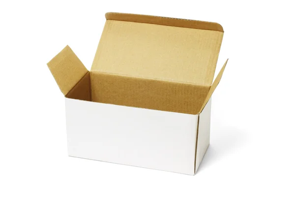 Caixa de papelão branca aberta — Fotografia de Stock