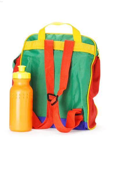 Colorida mochila preescolar y contenedor de agua —  Fotos de Stock
