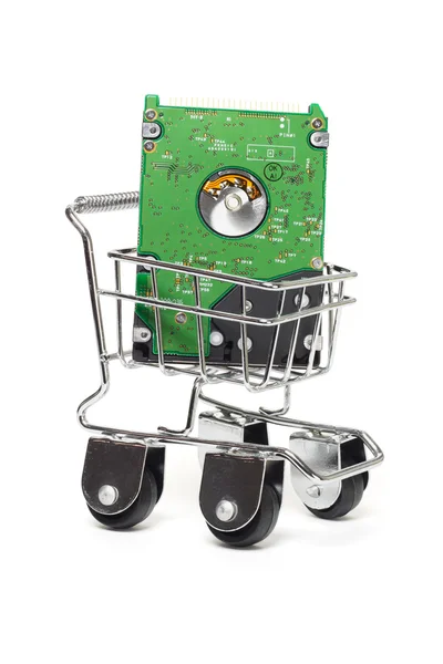 Computer hard disk in mini shopping cart — Stock Photo, Image
