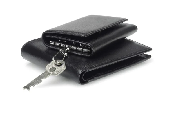 Black leather key caase and wallet — Stock Photo, Image