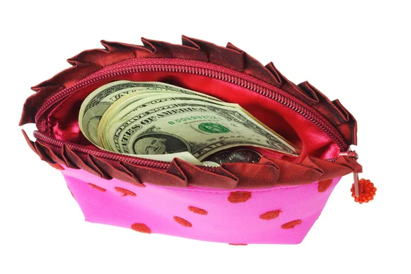 Dólares estadounidenses en el bolso rosa de la señora —  Fotos de Stock