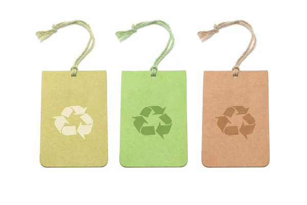 Três etiquetas coloridas com símbolos de reciclagem — Fotografia de Stock