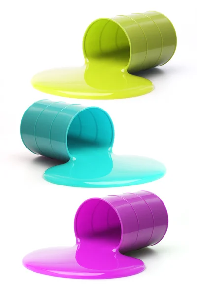 Colored slime flowing out from fallen drums — Stock Photo, Image