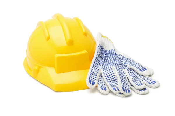 Gele veiligheidshelm en katoen handschoenen — Stockfoto