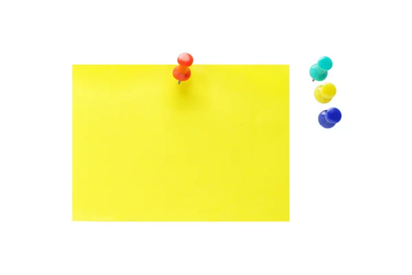 Push pins en gele Opmerking papier — Stockfoto