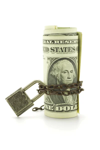 Dólares americanos em cadeia e bloqueio — Fotografia de Stock