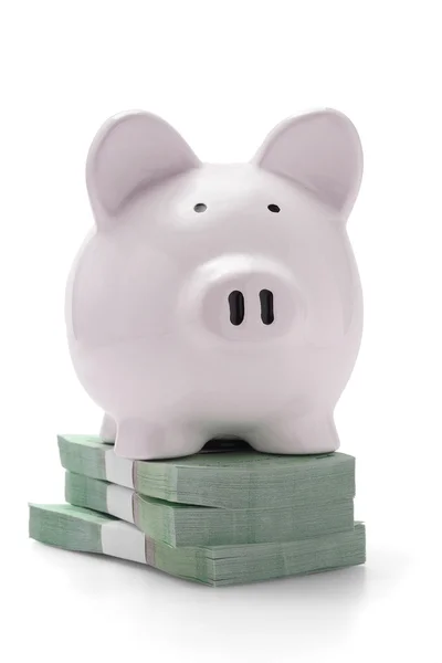 Piggy bank on stacks of money — Stock Photo, Image