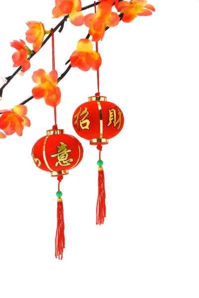 Lanternes du Nouvel An chinois et fleurs de prunier — Photo