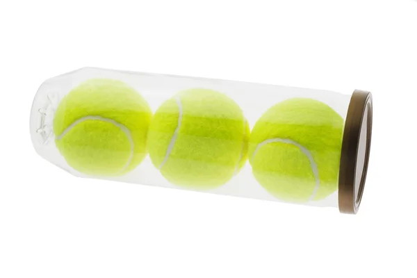 Bolas de tênis em recipiente de plástico — Fotografia de Stock