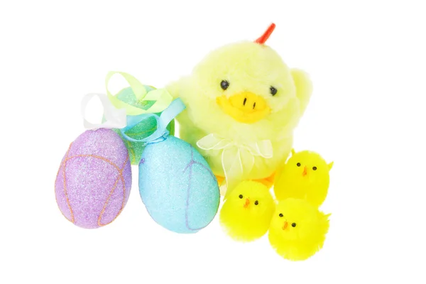 Easter egss and yellow chicks with mother hen — Stock Photo, Image