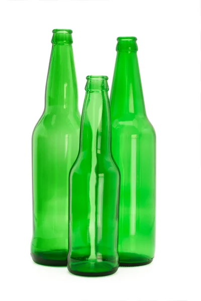 Trzy butelki szklane zielony — Zdjęcie stockowe