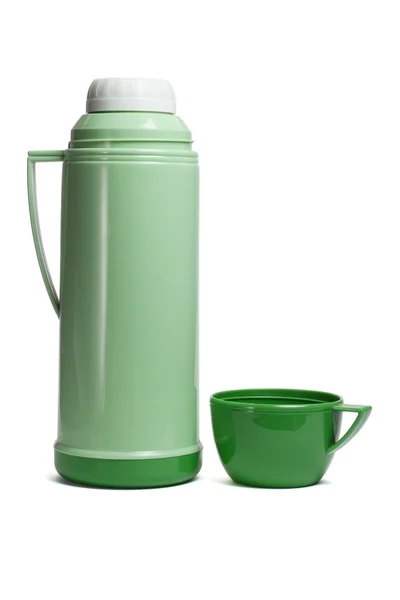 Green plastic thermos flask — Stock Photo, Image
