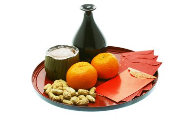 Chinese new year snacks, delicacies and red packets clipart