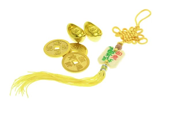 Enfeite de Ano Novo Chinês, moedas de ouro e lingotes — Fotografia de Stock