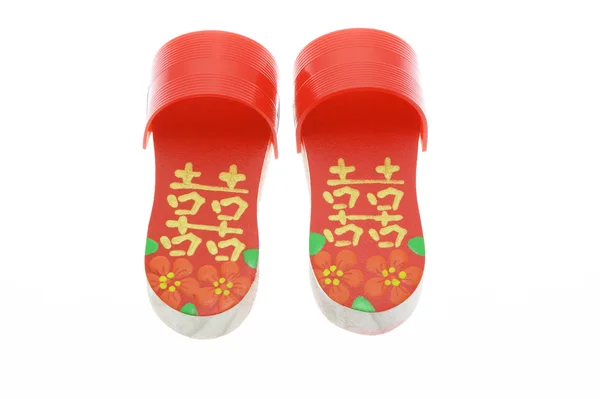 Pair of hand painted red Double Happiness clogs — Stock Photo, Image