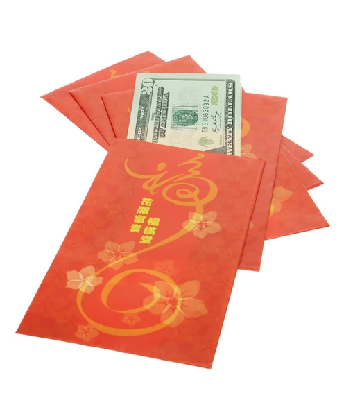 Çin yeni yılı kırmızı paketler ve bize dolar — Stok fotoğraf