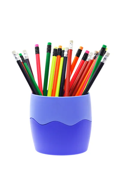 Lápis de escrita coloridos em recipiente — Fotografia de Stock