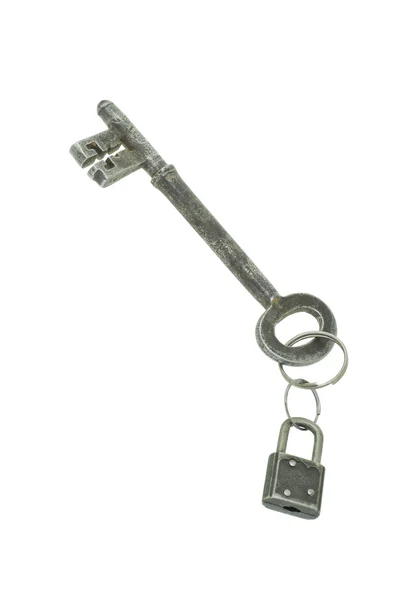 Oude sleutel van de "jumbo" groot met mini hangslot — Stockfoto