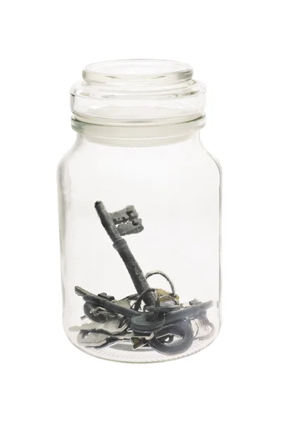 玻璃罐里面的钥匙 — 图库照片