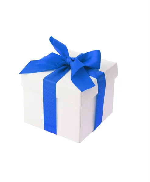 White gift box with blue bow ribbon — Stock Photo, Image