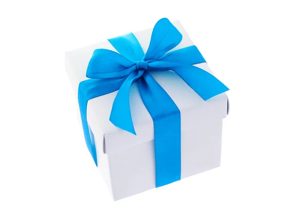 Caixa de presente branco com fita de arco de cor ciano — Fotografia de Stock