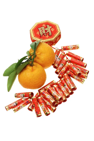 Chiński Nowy rok ozdoba i Mandarynkowe pomarańcze — Zdjęcie stockowe