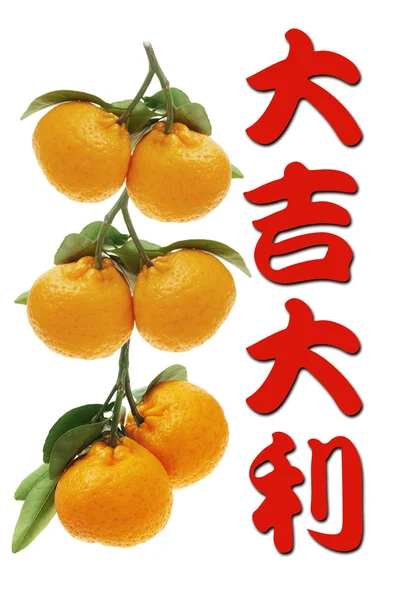 Chinese new year greetings and mandarins — Stock Photo, Image