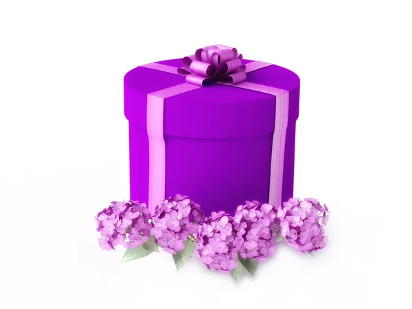 Violette Geschenkschachtel mit Blumen Stockfoto