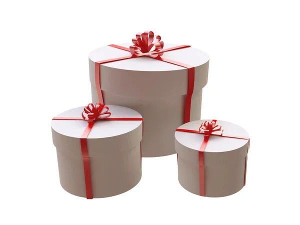 Drei runde weiße Geschenkboxen Stockbild