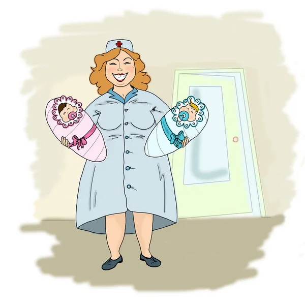 Медсестра с двумя новорожденными детьми — стоковое фото