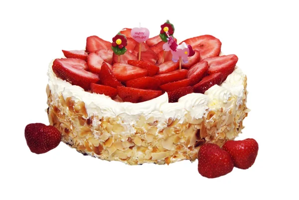 Tarta de cumpleaños de almendras de fresa con cuatro velas infantiles, isol Imágenes de stock libres de derechos