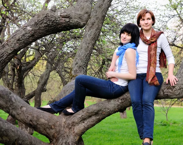 Woman and her daughter sitting on a tree — Stock Photo, Image