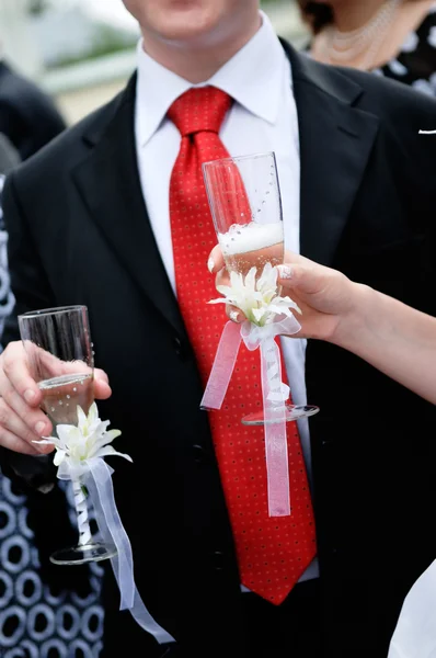 Bride and groom are holding glasses — Stock Photo, Image