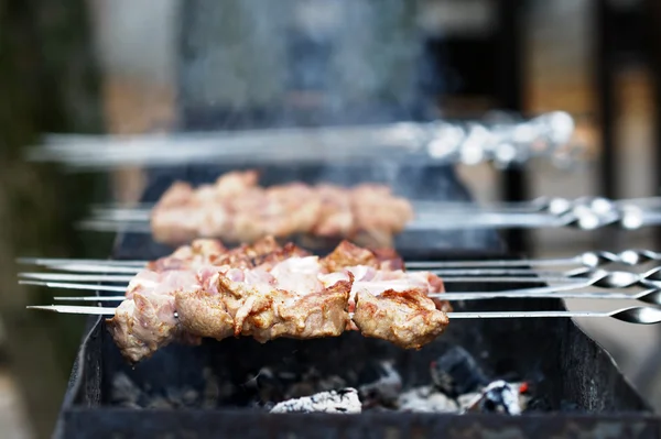 고기 국물과 소오스 를 곁들인 국물 조각을 불에 놓는다 — 스톡 사진