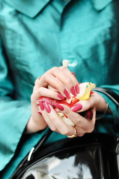 Manos de una mujer llena de pétalos de rosa —  Fotos de Stock
