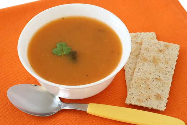 Pumpkin soup with crackers — Stock Photo, Image