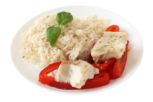 Gekookte vis met peper en rijst — Stockfoto