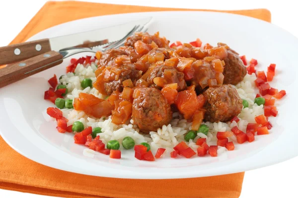 Meatballs with rice and peas — Stock Photo, Image