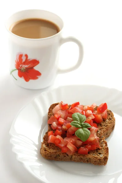 Toast with cut tomato and coffee — Stock Photo, Image