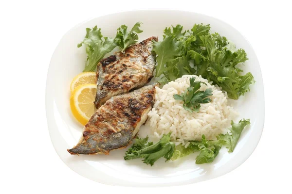 Gebratener Schwertfisch mit gekochtem Reis — Stockfoto