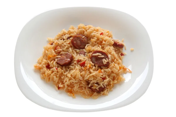 Gebratener Reis mit Würstchen — Stockfoto