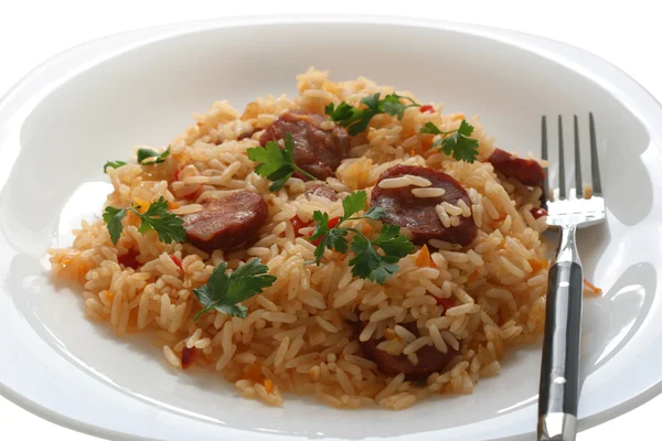 Fried rice with sausages — Stock Photo, Image
