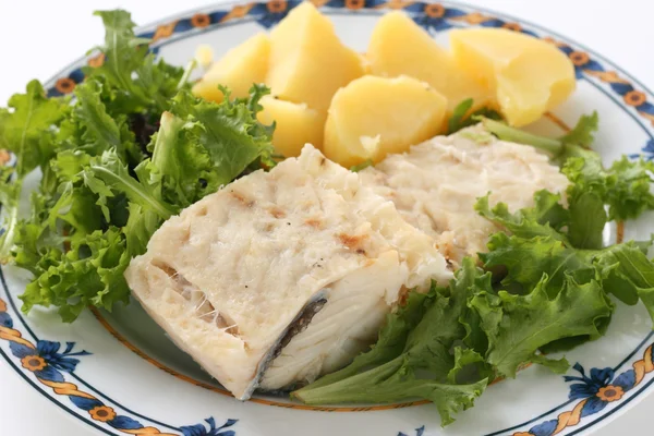 Bacalhau cozido com batata e salada — Fotografia de Stock