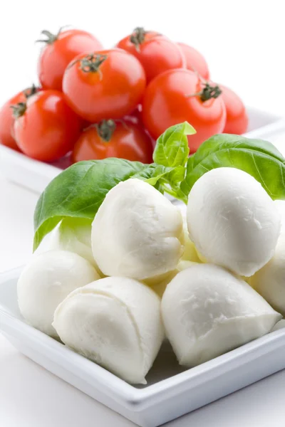 Mozzarella, tomatoes and basil — Stock Photo, Image