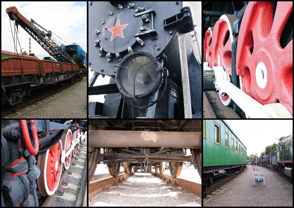 Collage with different parts of old trains — Stock Photo, Image