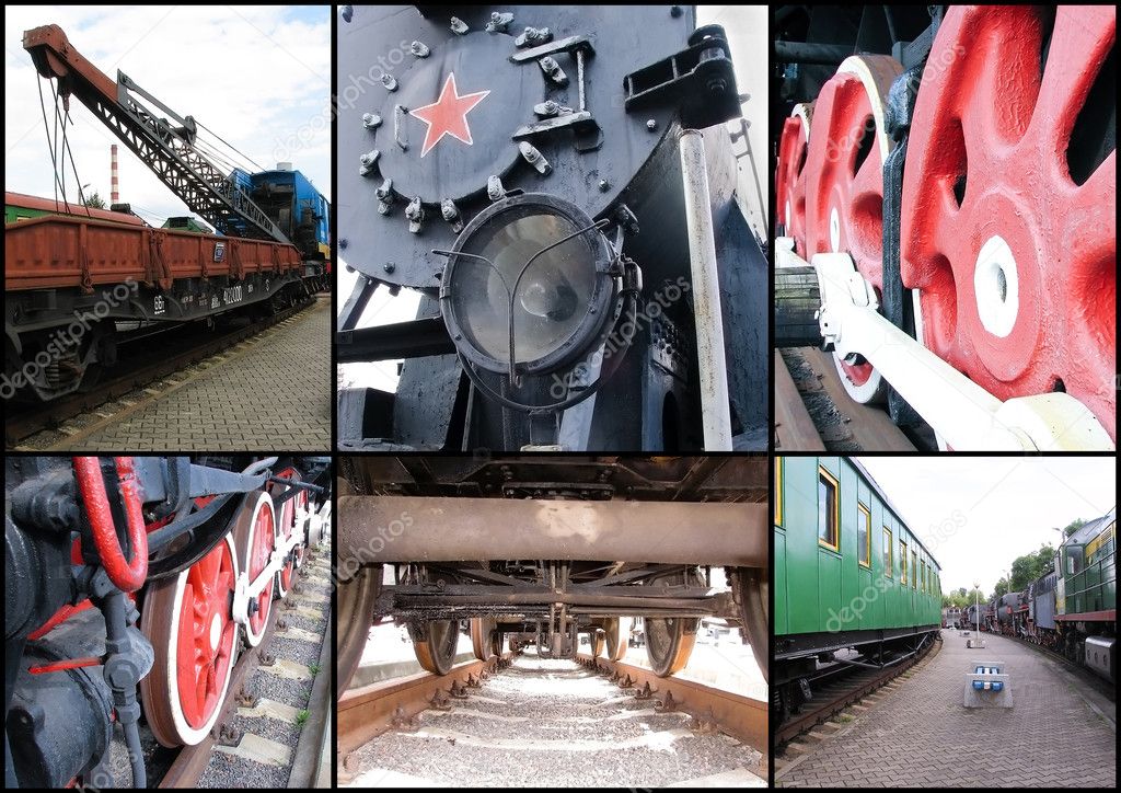 Collage with different parts of old trains