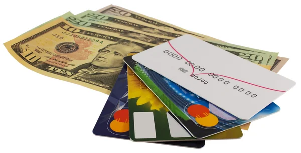 Dolar, kredi kartları üzerinde beyaz izole — Stok fotoğraf