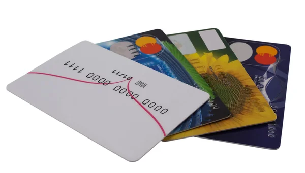 堆信用卡卡片上白色隔离 — 图库照片